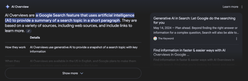 Google AI Overview example of generative engine optimization